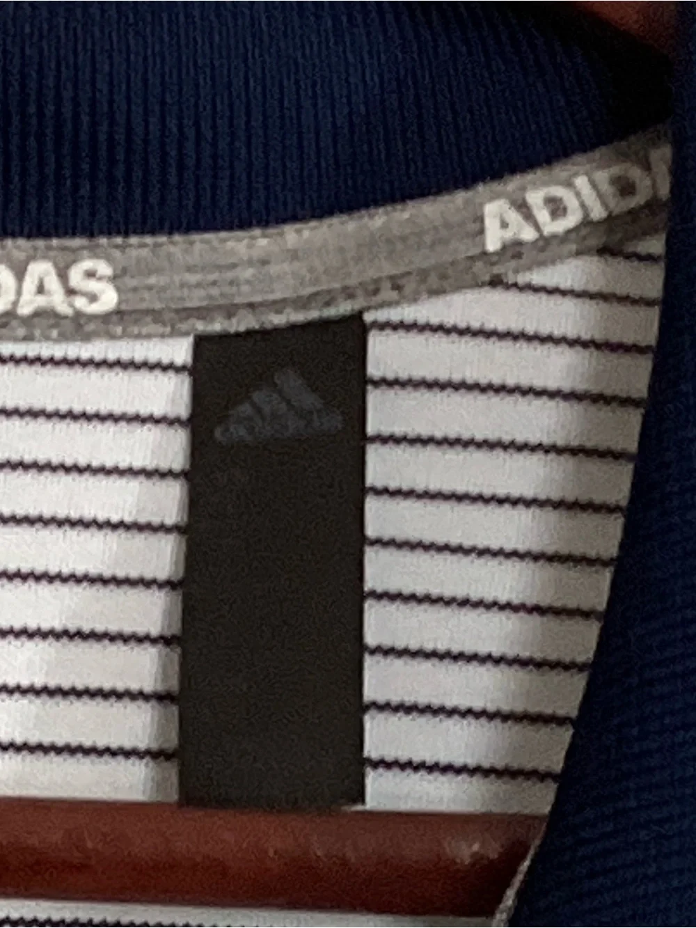 adidas Men’s White Polo with Navy Micro-Stripes and Navy Collar